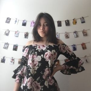 Off the Shoulder Black and Pink Blouse